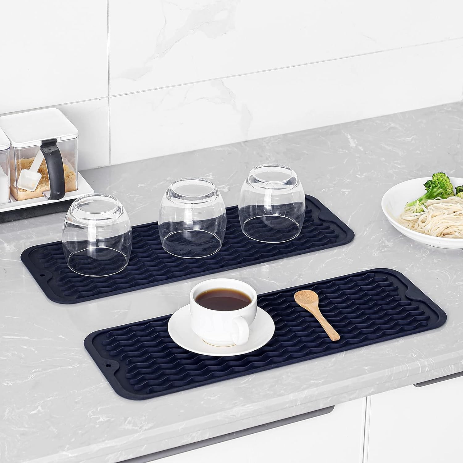 Silicone Dish Drying Mat for Multiple Usage,Easy clean,Eco-friendly,Heat-resistant Silicone Mat for Kitchen Counter,Sink,Bar,Bottle,or Cup Navy Blue M 17 inches x 6 inches