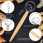 Danish Dough Whisk 13" Stainless Steel Bread Whisk Bread Making Tools Danish Dough Hook Bread Dough Mixer Hand Bread Dough Whisk for Pastry, Baking Cake, Dessert, Sourdough, Pizza, with Wooden Handle