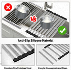 Dish Drying Rack, 19.7" X 13" Over Sink Drying Rack, Kitchen Roll Up 304 Stainless Steel Drain Rack, Roll Up for Kitchen and RV Sinks, Black