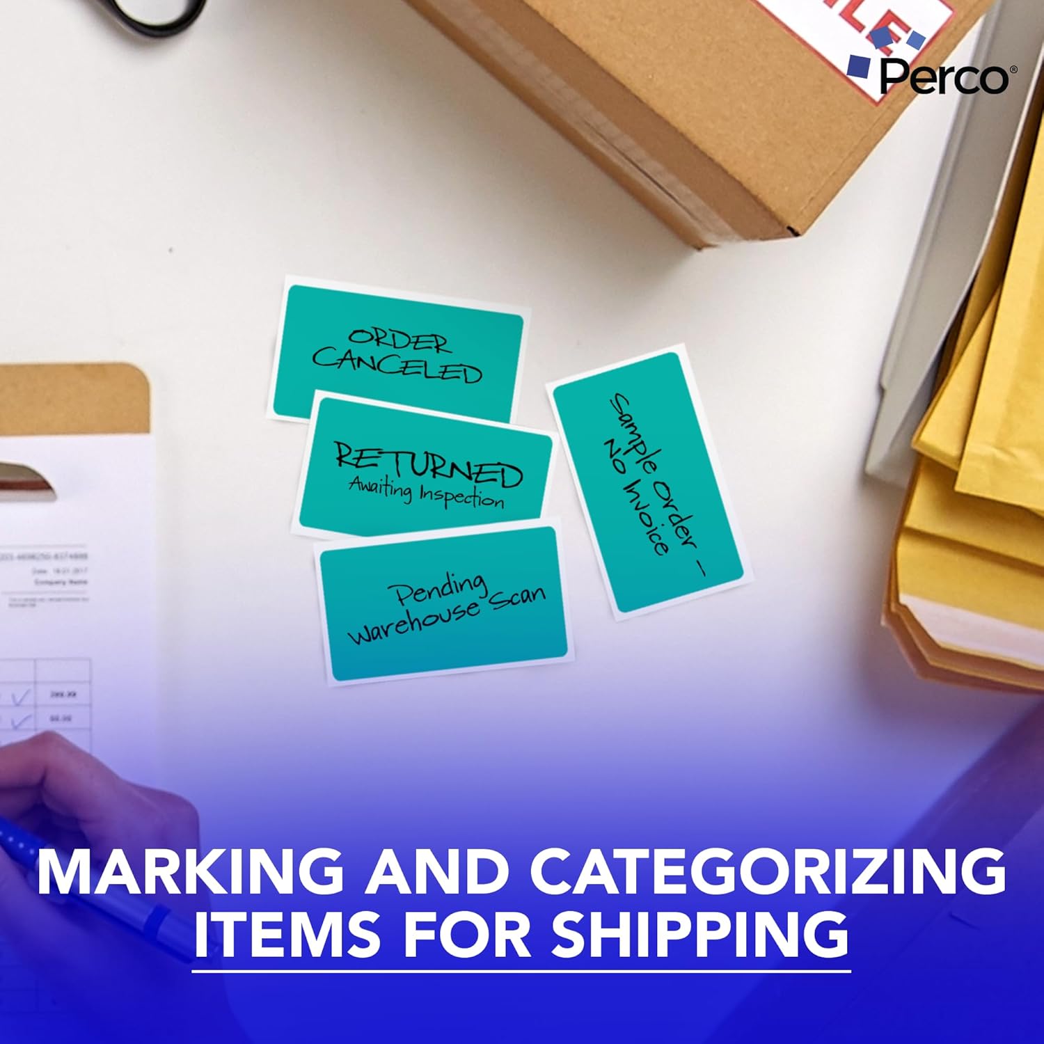 Perco Teal Labels 3x5 Inch 500 Stickers/Roll with Easy Peel Perforation and Strong Adhesion for Inventory Management, Color Coding, Moving Boxes, Retail, Organizing & Crafts – Made in USA