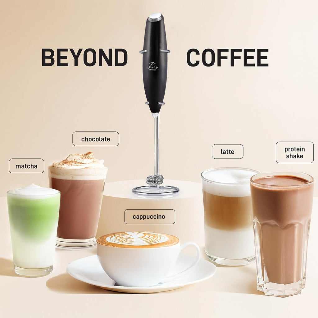 Zulay Kitchen Powerful Double Whisk Milk Frother Handheld - Foam Maker With Stand - Whisk Drink Mixer for Coffee, Mini Foamer for Latte, Matcha, Frappe, Hot Chocolate & Cappuccino (Metallic Black)