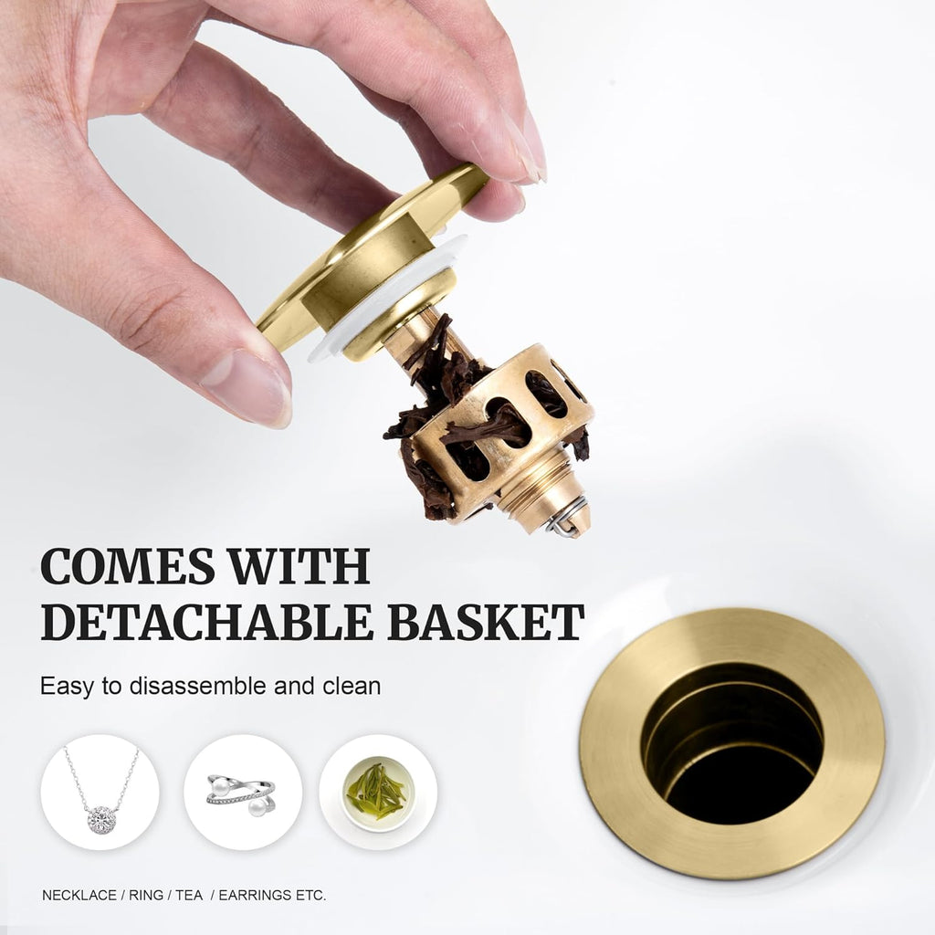 Pop up Sink Drain Stopper Without Overflow Brushed Gold for Bathroom Vessel Vanity Sink Art Basin, Big Cap Sink Drain Without Overflow, Metal Pop-up Drain Strainer with Detachable Basket Stopper