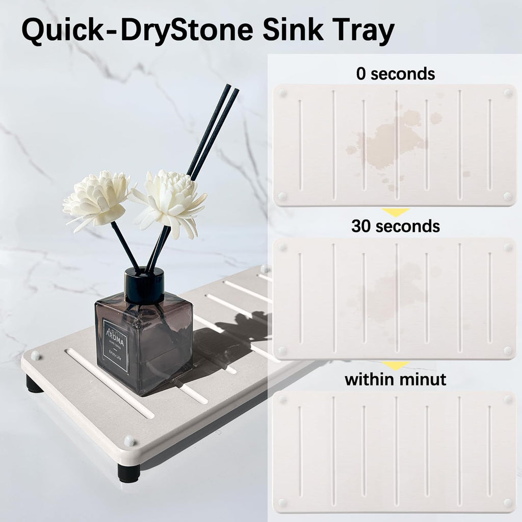 2PCS Water Absorbing Stone Drying Mat for Bathroom Sink & Kitchen Counter Organizer, Instant Dry Soap Dispenser Sponge Holder, Sink Caddy, Vanity Tray (10"x5"-White)