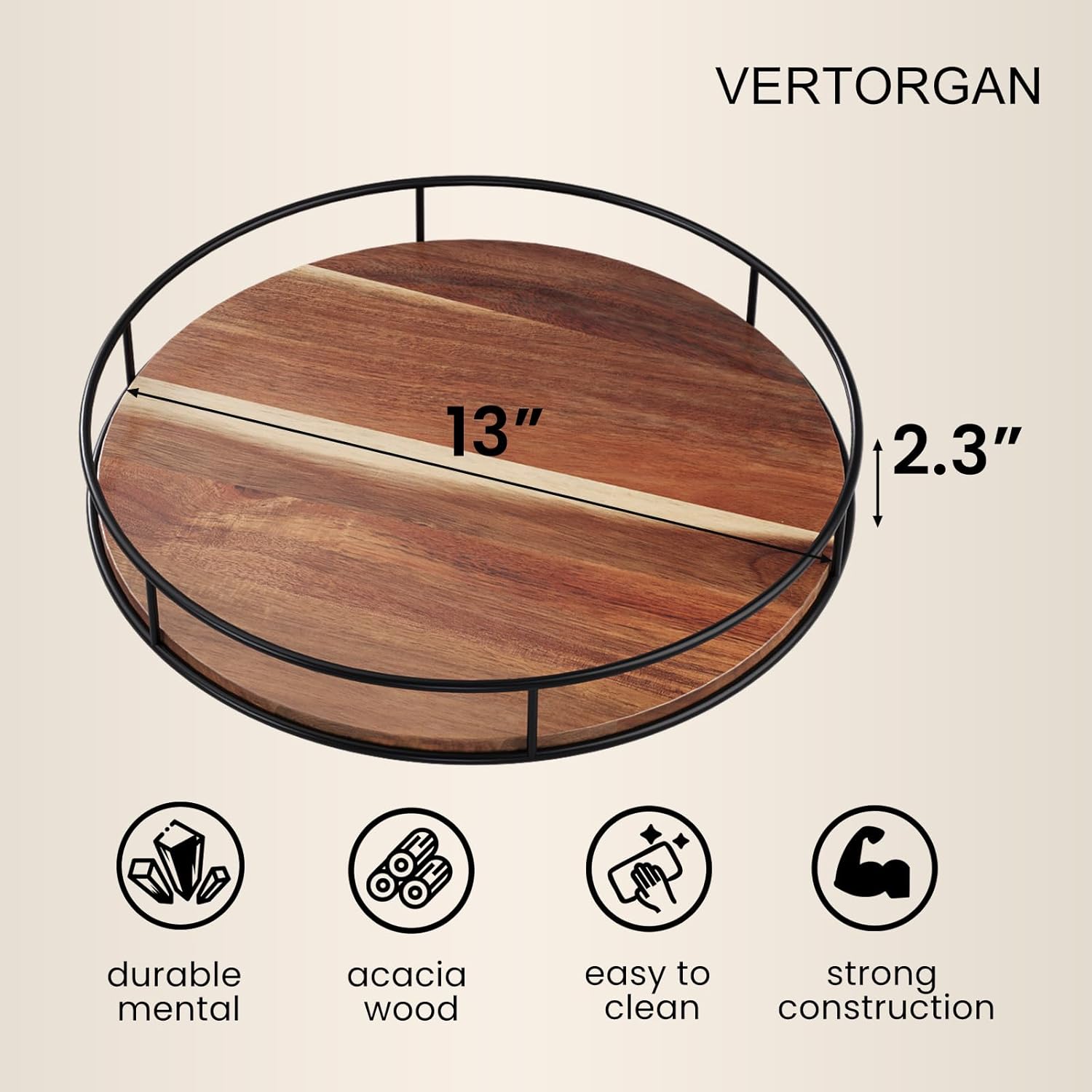 13 Inch Lazy Susan Organizer with Steel Frame for Kitchen,Acacia Wood Turntable for Cabinet,Pantry,Table,Pantry,Countertop,Refrigerator,Spice Rack
