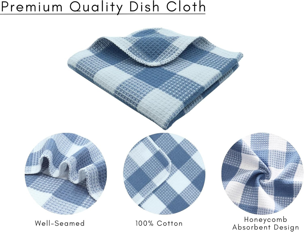 Waffle Weave Plaid Dish Cloths, 100% Cotton - 12 x 12 Inches, Ultra Soft Absorbent Quick Drying Dish Towels Buffalo Check Dish Rags for Kitchen, 8 Pack - Spring Summer - Smoky Grey and White