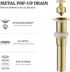 Pop up Sink Drain Stopper for Bathroom Vessel Vanity Sink Art Basin Brushed Gold, Small Cap Without Overflow, Metal Pop-up Drain Strainer with Detachable Basket Stopper
