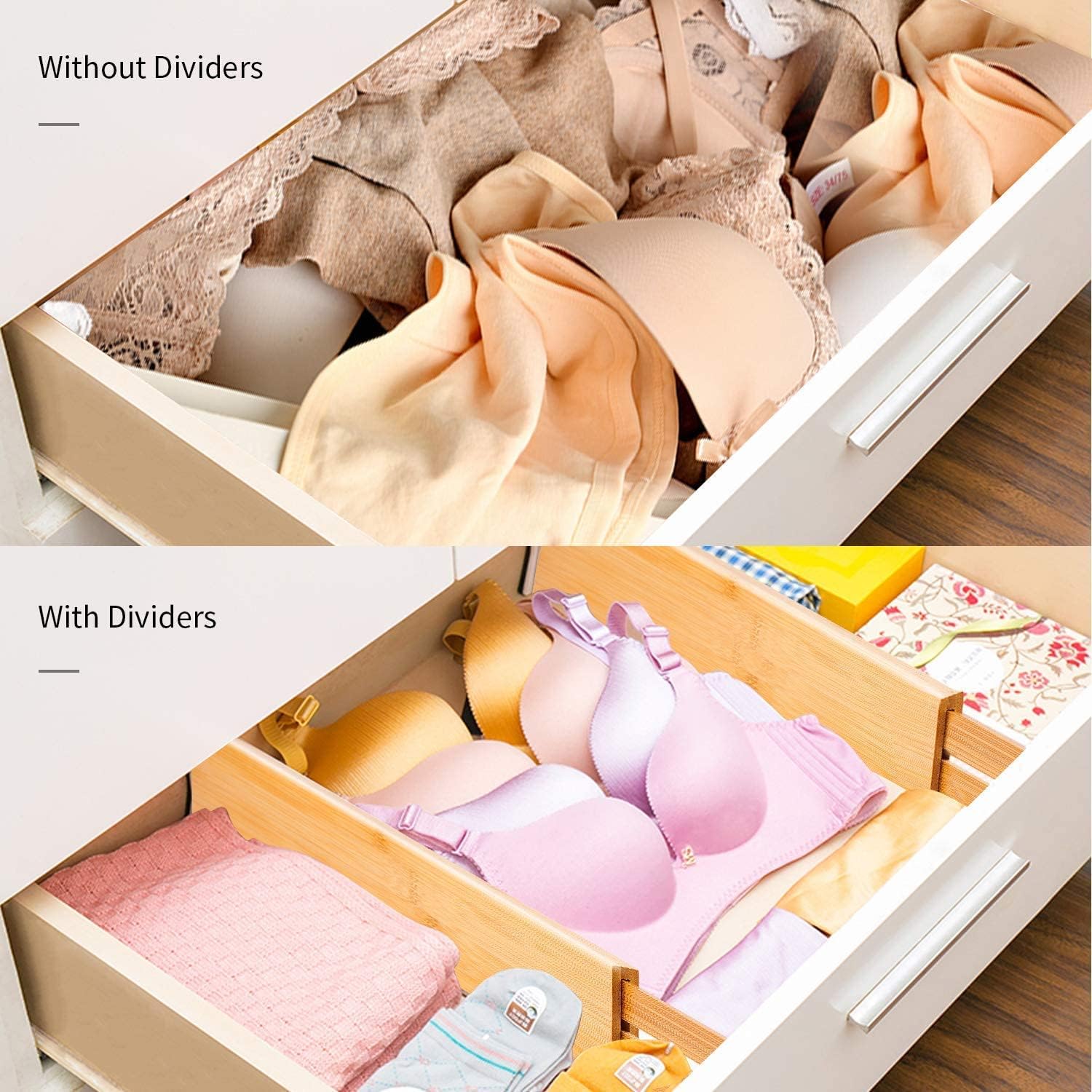 Utoplike 4 pcs Bamboo Kitchen Drawer Dividers Large, Adjustable Drawer Organizers, Spring Loaded, Works in Kitchen, Dresser, Bathroom, Bedroom, Drawer, Desk
