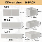 16 Pcs Drawer Organizer,Fabric Closet Organizer and Storage Baskets,Foldable Drawer Divider for Clothing,Sock,Ties,Underwear Drawer Organizers,Cabinet Storage Boxes (White)
