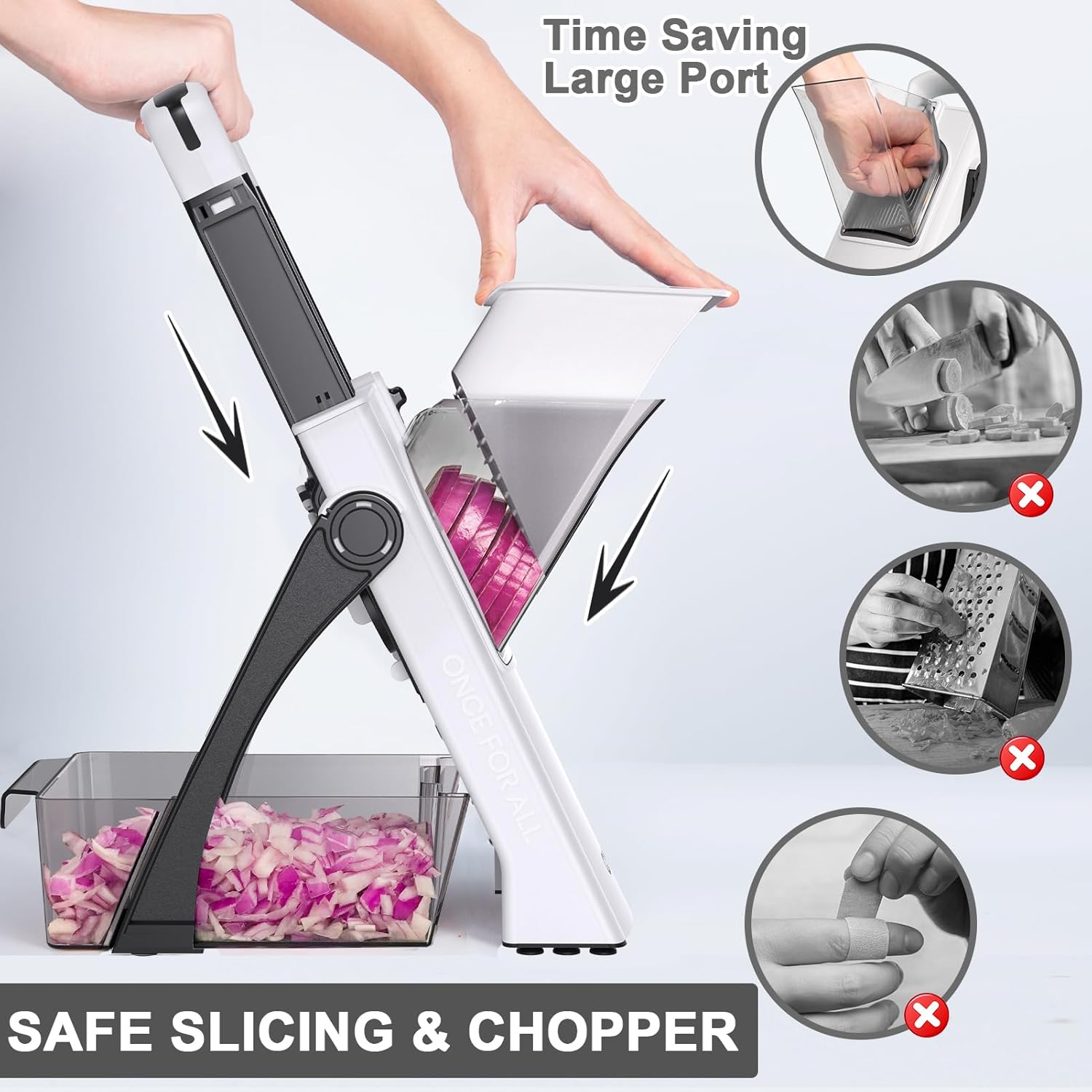 Upgrade Safe Mandoline Slicer for Kitchen, Vegetable Chopper Slicer, Potato Slicer Thickness Adjuster, French Fry Cutter, Veggie Onion Dicer Faster Kitchen Mandolin for Meal Prep (White)