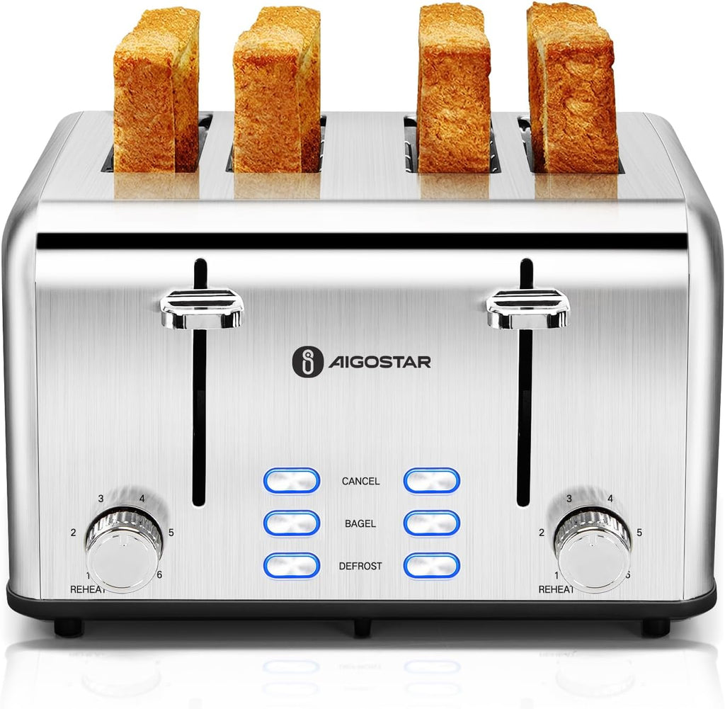 Aigostar Toaster 4 Slice 1.6" Wide Slot Stainless Steel Toasters with Bagel, Reheat, Cancel, Defrost Function, 6 Shade Settings, Removable Crumb Tray, 1550W, Best Rated Prime 4 Slice Toasters