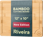 Riveira Cutting Boards For Kitchen – Gourmet Bamboo Grandeur: 12 x 10 Wood Cutting Board – Natural Bamboo Cutting Board – Innovative Juice Grooves Wooden Cutting Boards For Kitchen