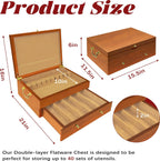 Silverware Storage Box Solid Wood with Lid, 2 Layer Silverware Storage Chest, 15.5'' ×11.5'' Silverware Organizer with Handle and Felt Lined, Chest for Flatware Setting Up 30