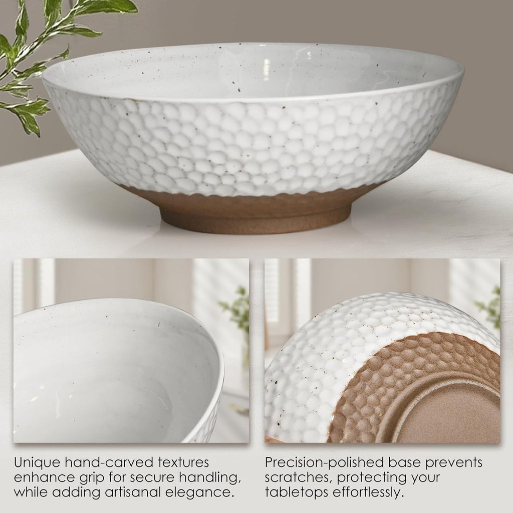 Wotalation Large White Ceramic Salad Serving Bowl - 9.4 Inch Party Bowl for Holidays, Fruit Bowl with Bamboo Utensils (57.4oz), Microwave & Dishwasher Safe
