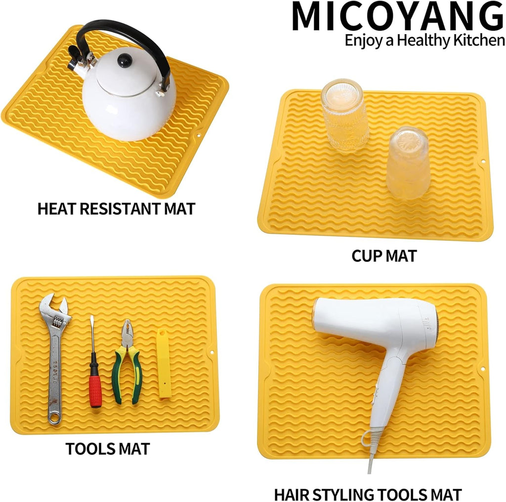 Silicone Dish Drying Mat for Multiple Usage,Easy clean,Eco-friendly,Heat-resistant Silicone Mat for Kitchen Counter or Sink,Refrigerator or drawer liner Yellow L 16 inches x 12 inches