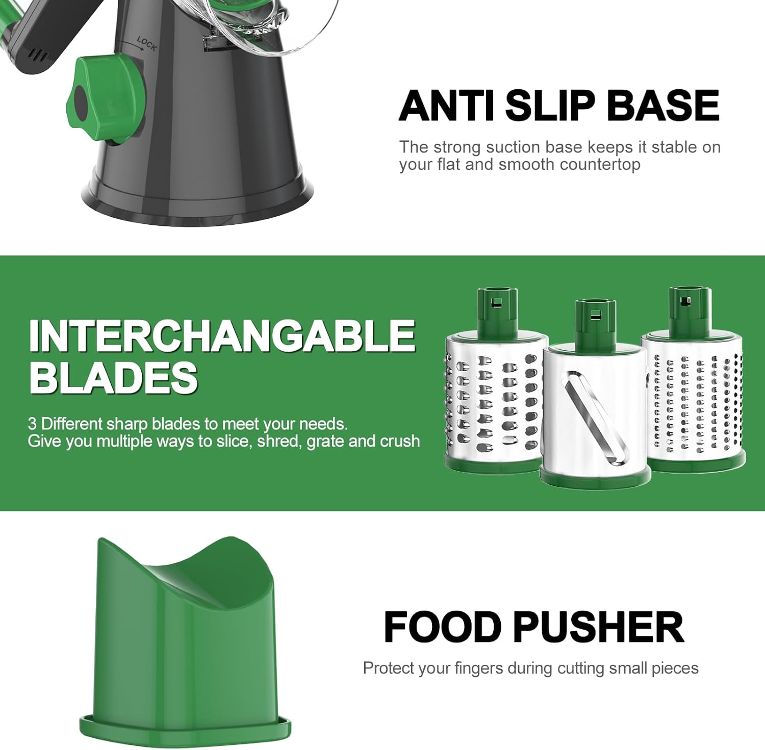 Cambom Rotary Cheese Grater Hand Crank Cheese Shredder for Fresh Cheese, Vegetable, Nuts,Non-slip Suction Base, Free Cleaning Brush Three Blades, Grey and Green