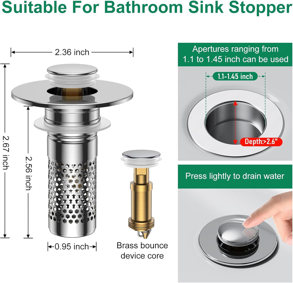 Bathroom Sink Drain Strainer,Universal Pop-Up Sink Stopper Hair Catcher, Stainless Steel Anti-Clog Drain Filter Basket, Removable Sink Drain for Bathroom Sink Stopper Replacement (Silver-4pcs)