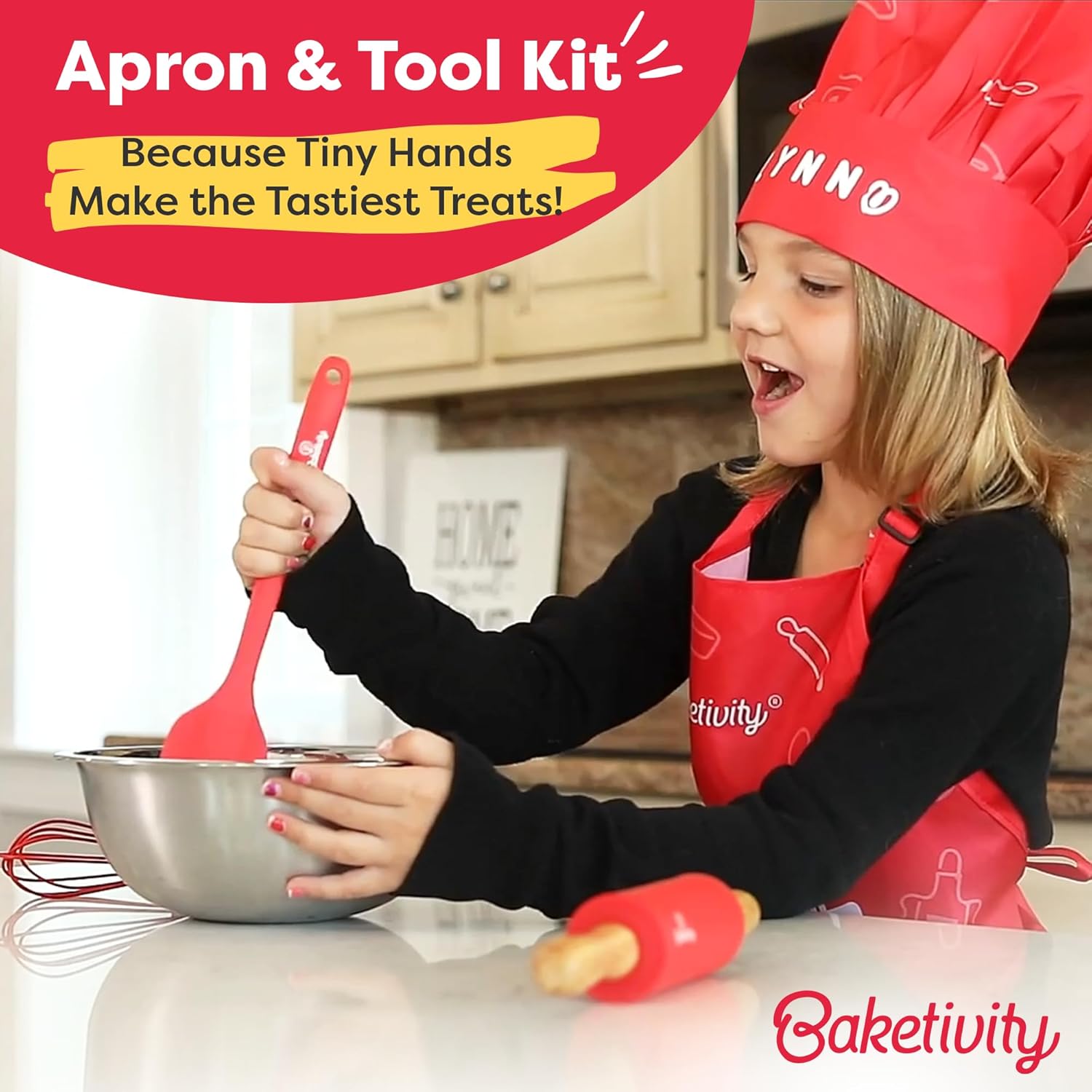 Baketivity Kids Chef Hat and Apron Set for Boys & Girls - One Size Fits All (Adjustable) - Premium, Washable Apron and Hat Set for Cooking - Young Chefs & Junior Bakers Chef Outfit for Kids
