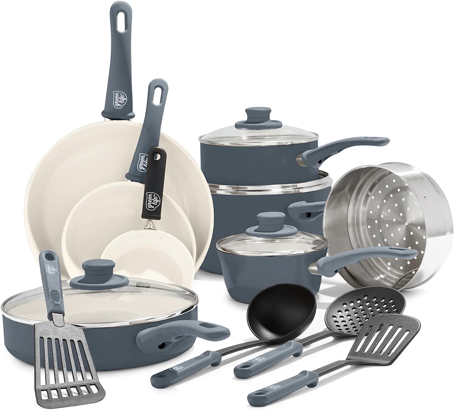 GreenLife 16 Piece Nonstick Cookware Set, Soft Grip Non-Toxic PFAS-Free Ceramic Pots & Pans, Dishwasher & Oven Safe, Frying, Sauce, Saute, Utensils, Glass Lids, Stay-Cool Handles, Wobble Free, Gray
