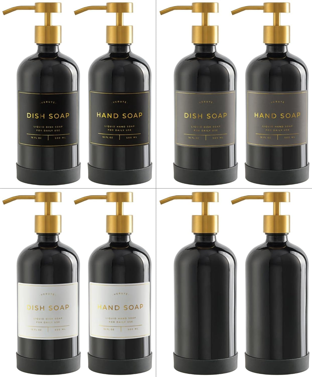 16oz Glass Soap Dispenser with Stainless Steel Pump, 21 Waterproof Labels, Non-Slip Protective Silicone Pad, Set of 2 for Bathroom & Kitchen (Gloss Black Bottle/Brushed Gold Pump)