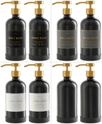 16oz Glass Soap Dispenser with Stainless Steel Pump, 21 Waterproof Labels, Non-Slip Protective Silicone Pad, Set of 2 for Bathroom & Kitchen (Gloss Black Bottle/Brushed Gold Pump)