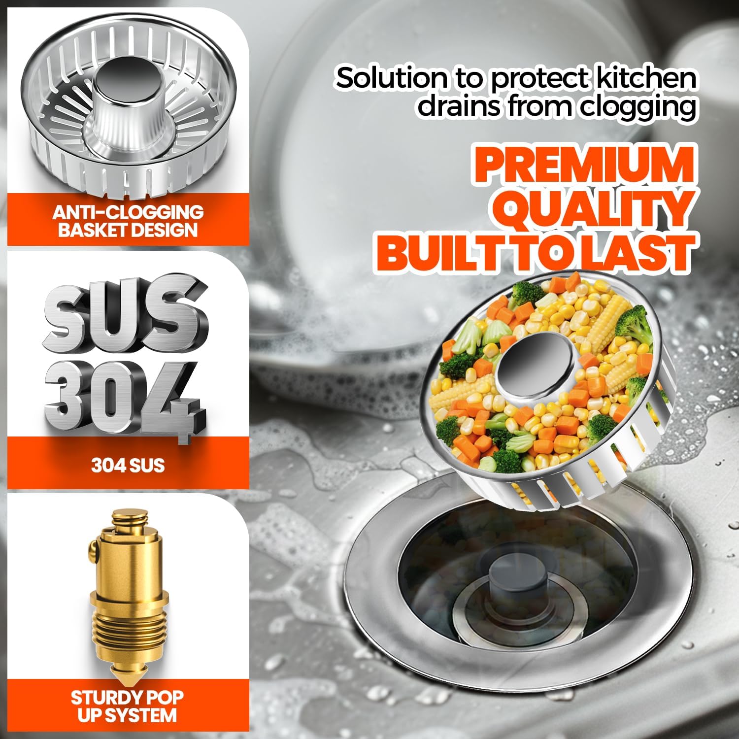 Kitchen Sink Drain Strainer & Sink Stopper, Upgraded 3 in 1 Stainless Steel Drain Plug Combo with Anti-Clog Basket, Pop Up Drain Cover for Standard 3-1/2'', Fits Double Bowl Kitchen Sinks