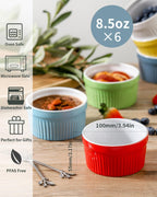 Hasense Ramekins Oven Safe, 8 oz Ramekins for Baking Souffle Set of 6, Ceramic Dipping Sauce Cups for Pudding, Ice Cream, Custard, Dessert Bowls Porcelain, Dishwasher Safe, Multi color