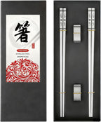 Metal Chopsticks Reusable 2 Pairs: Stainless Chopstick with Two Holders Set ,Dishwasher Safe,Non-Slip,Gift Box Packaging,Laser Engraved,Japanese Chinese Korean Chop Sticks for Cooking Eating