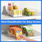 4 Pack Clear Refrigerator Storage Bins, Stackable Plastic Fridge Organizer Kitchen Pantry Storage Bins with Handles for Snacks, Freezer, Kitchen Cupboard, and Cabinet Organization