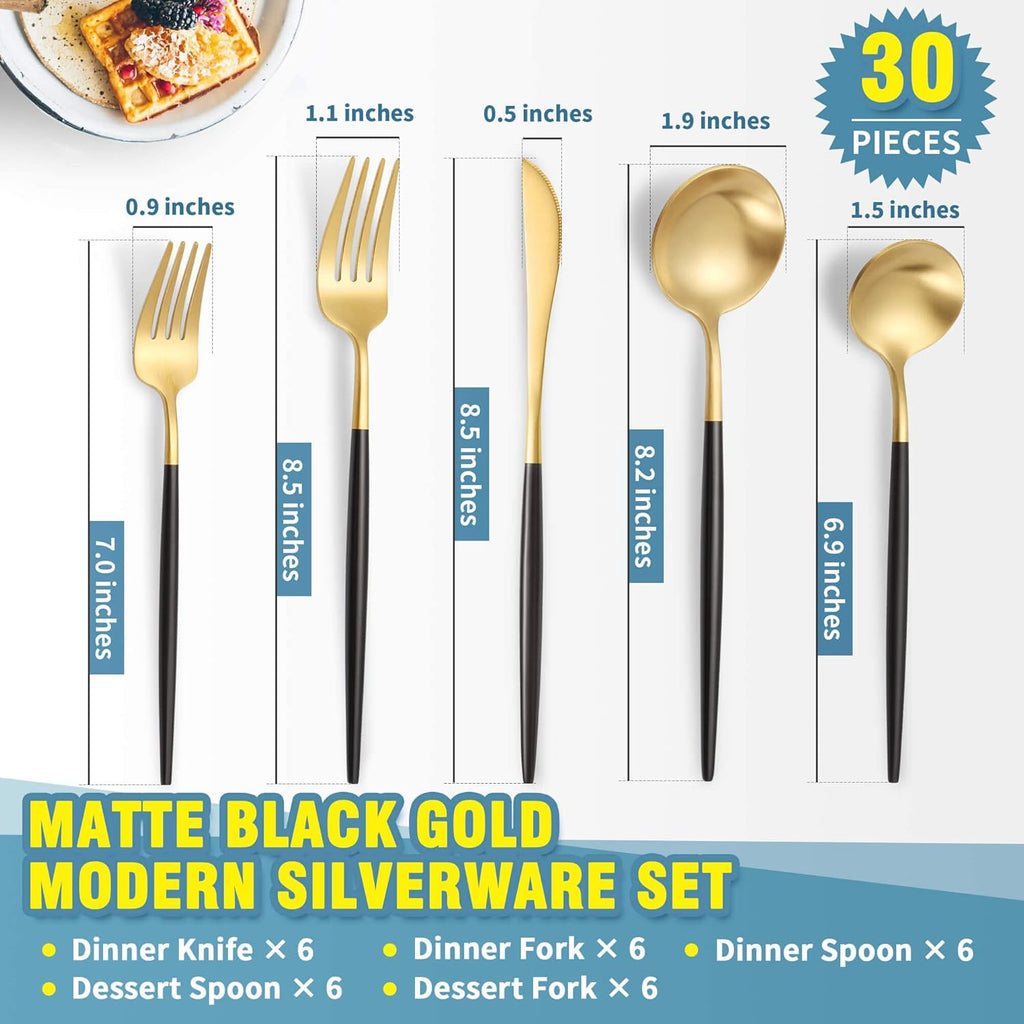 Matte Black Gold Silverware Set for 6,Modern Stainless Steel Brushed Cutlery Set,30-Pieces Heavy Duty Flatware Set,Knives Spoons and Forks Set Utensils Set, Satin Finish, Dishwasher Safe