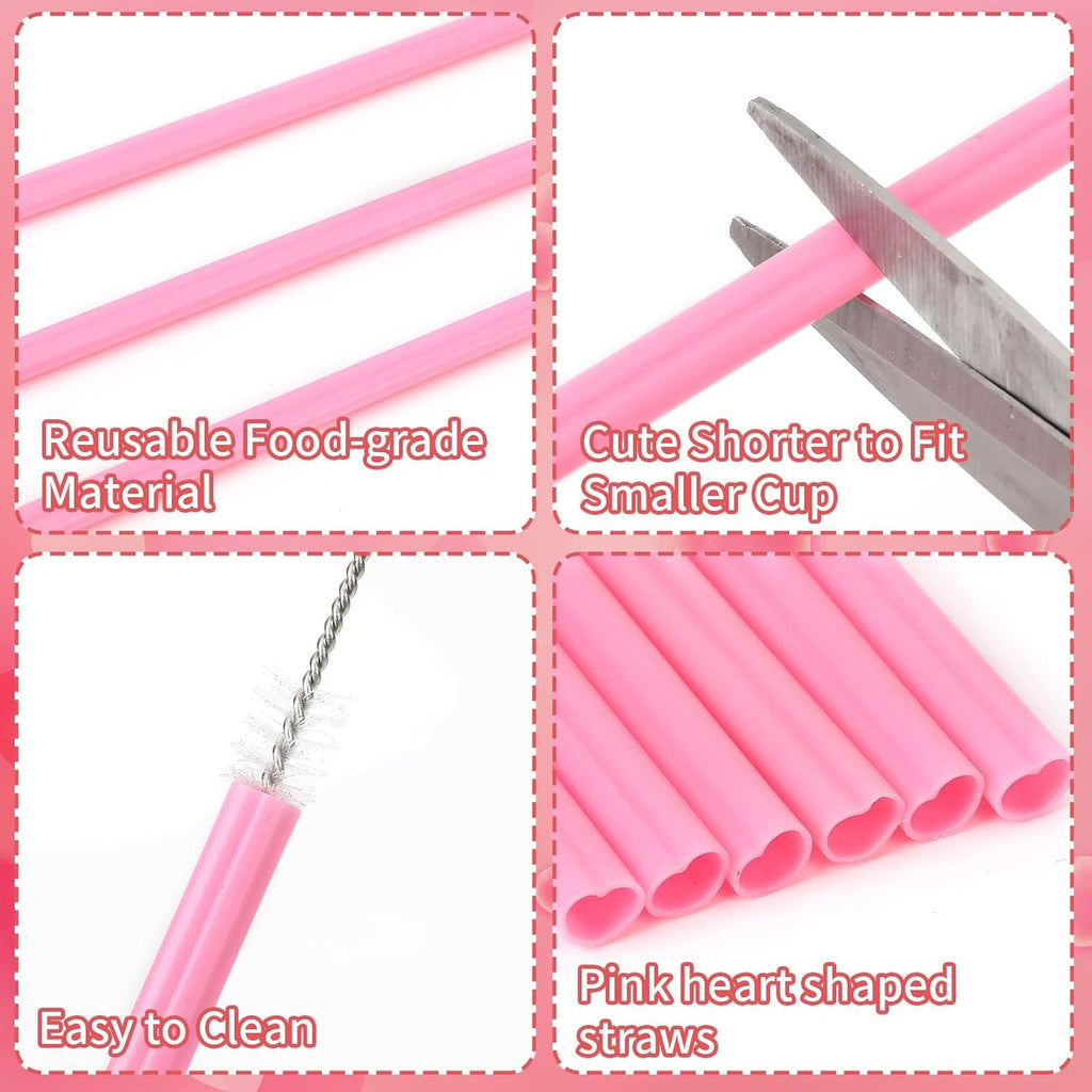 JANYUN 30 Pcs Heart Shaped Pink Plastic Straws, Reusable Valentines Heart Drinking Straws for Party Favors, Birthday, Bridal Shower, Wedding