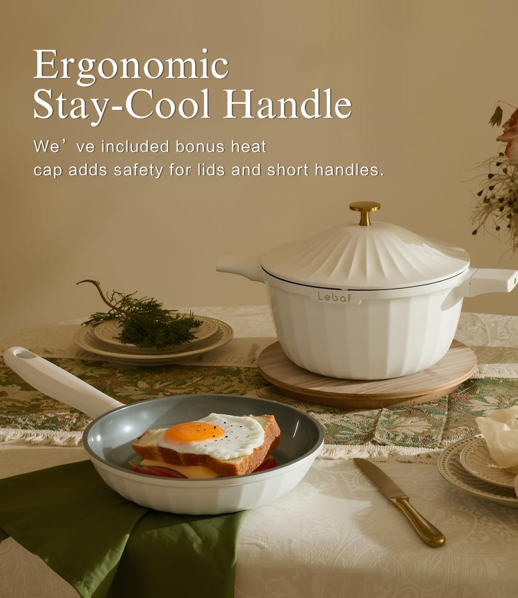 Nonstick Ceramic Cookware Set (7 Piece)–Titanium Cast Aluminum Pots and Pans Set with Lids, Non Toxic PFAS-Free Compatible with All Stovetops–Pearl White