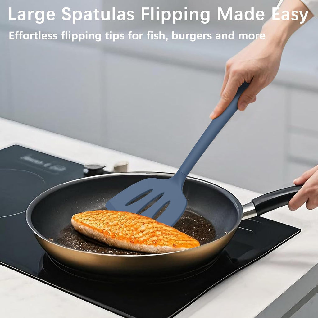 Coukre Silicone Spatula Set of 3, High Heat Resistant, BPA-Free, Kitchen Utensils, Fish Spatula, Solid & Slotted Turner for Non-Stick Pans, Flipping Eggs, Pancakes, Fish, Burgers (3, PureDarkBlue)