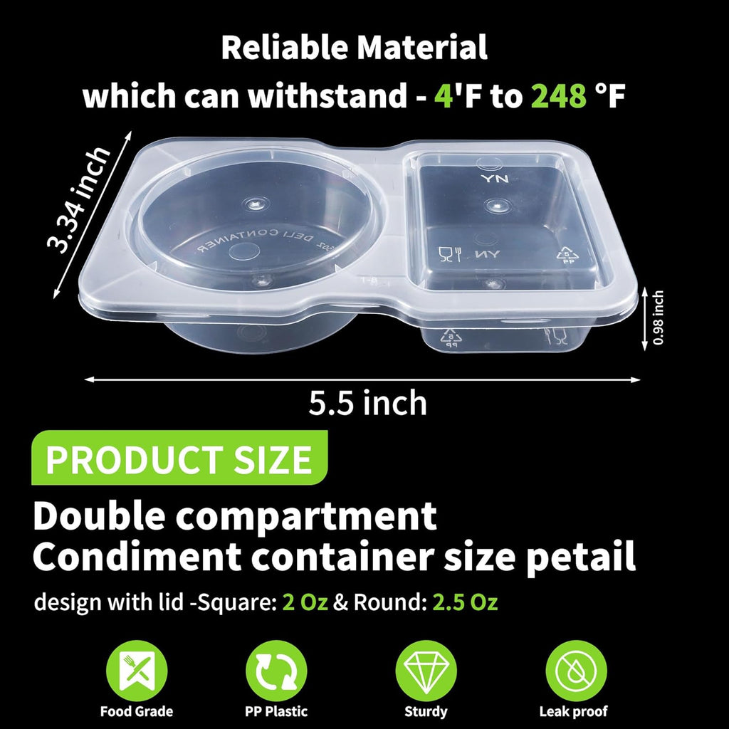 50 Pack 4.5 Oz Double Compartment Condiment Container With Lids, Disposable Sauce Container, Clear Plastic Snack Containers
