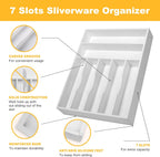 Kitchen Bamboo Silverware Organizer, Kitchen Drawer Organizer - Utensil Holder and Cutlery Tray with Grooved Drawer Dividers for Flatware 7 Slot, White