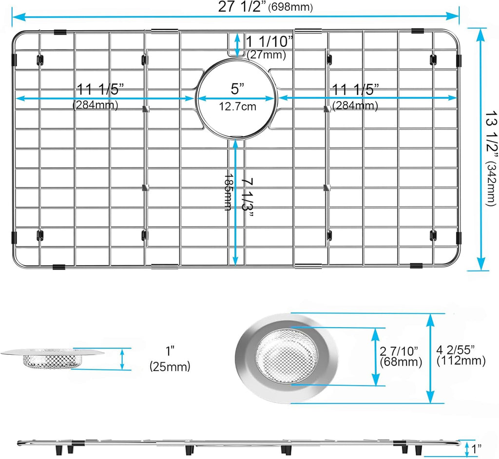 iPEGTOP Sink Bottom Grid, Stainless Steel Sink Protector 27-1/2" x 13-1/2" Rear Drain Hole with Corner Radius, Sink Grate Rack for Bottom of Kitchen Sink Single Bowl with Hole Cover