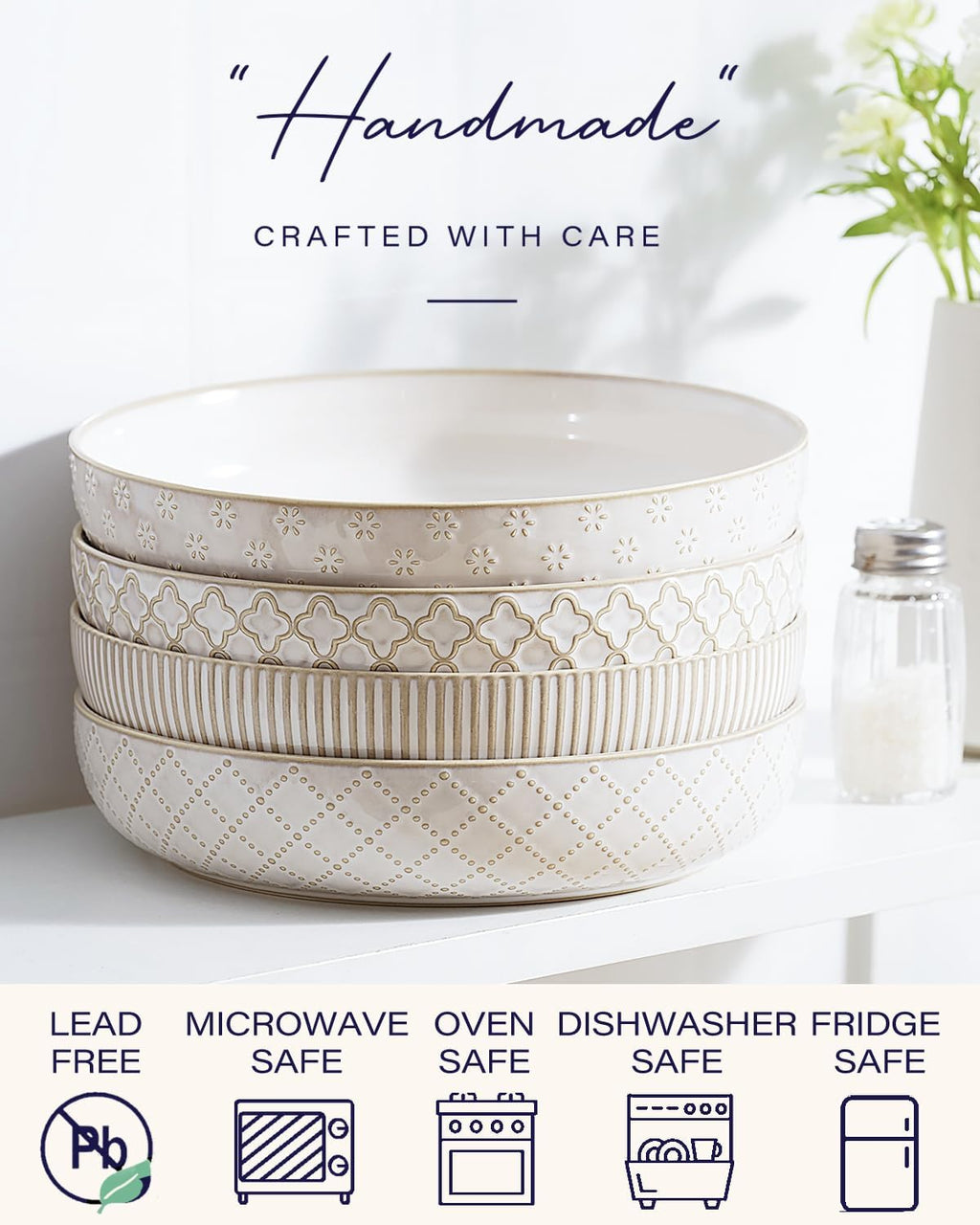 getstar Pasta Bowls, Large Salad Serving Bowls (8.2 inch/35 oz), Ceramic Bowl Plates Set of 4, Farmhouse Embossments, Microwave and Dishwasher Safe