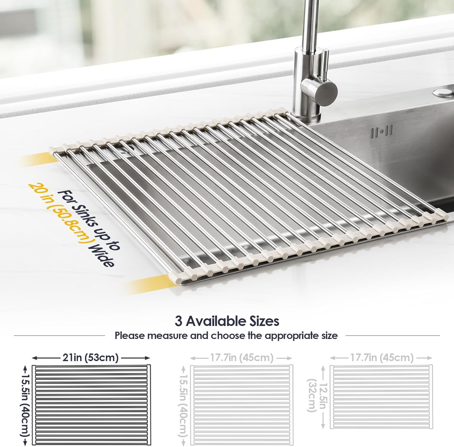 Tomorotec 21" x 15.5" Roll Up Dish Drying Rack Over Sink Drying Rack Sink Cover Kitchen Sink Accessories Gadget Multipurpose Organizer Foldable Stainless Steel Drainer