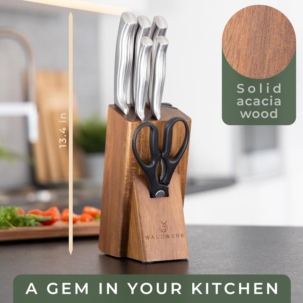 WALDWERK Knife Set - 7pcs Kitchen Knife Set with Block and Integrated Sharpener - Knife Block Set - Knife Block