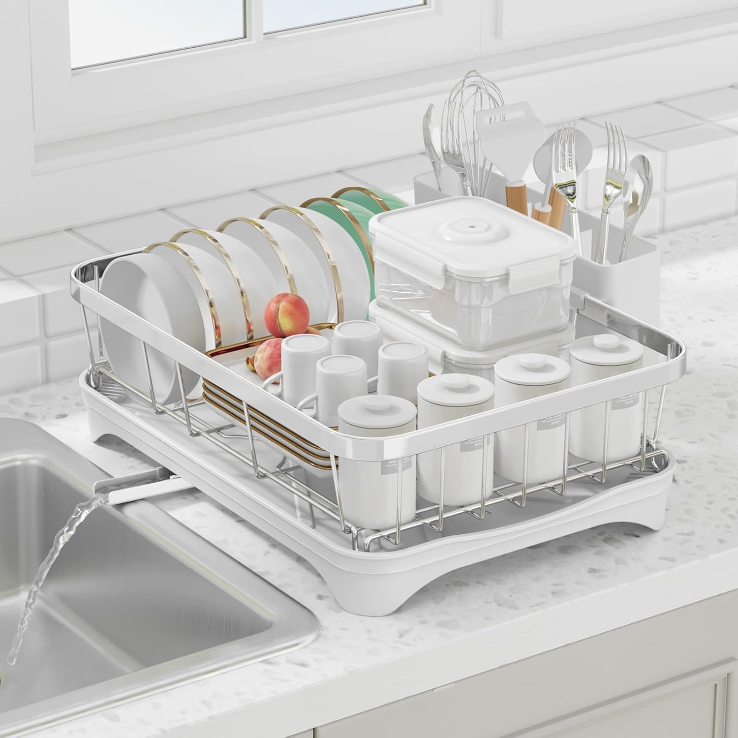 Dish Drying Rack 304 Stainless Steel Dish Racks,Adjustable Spout Auto-Draining Dish Drainers for Kitchen Counter, Large Capacity Dish Rack for Bowls, Cups, White