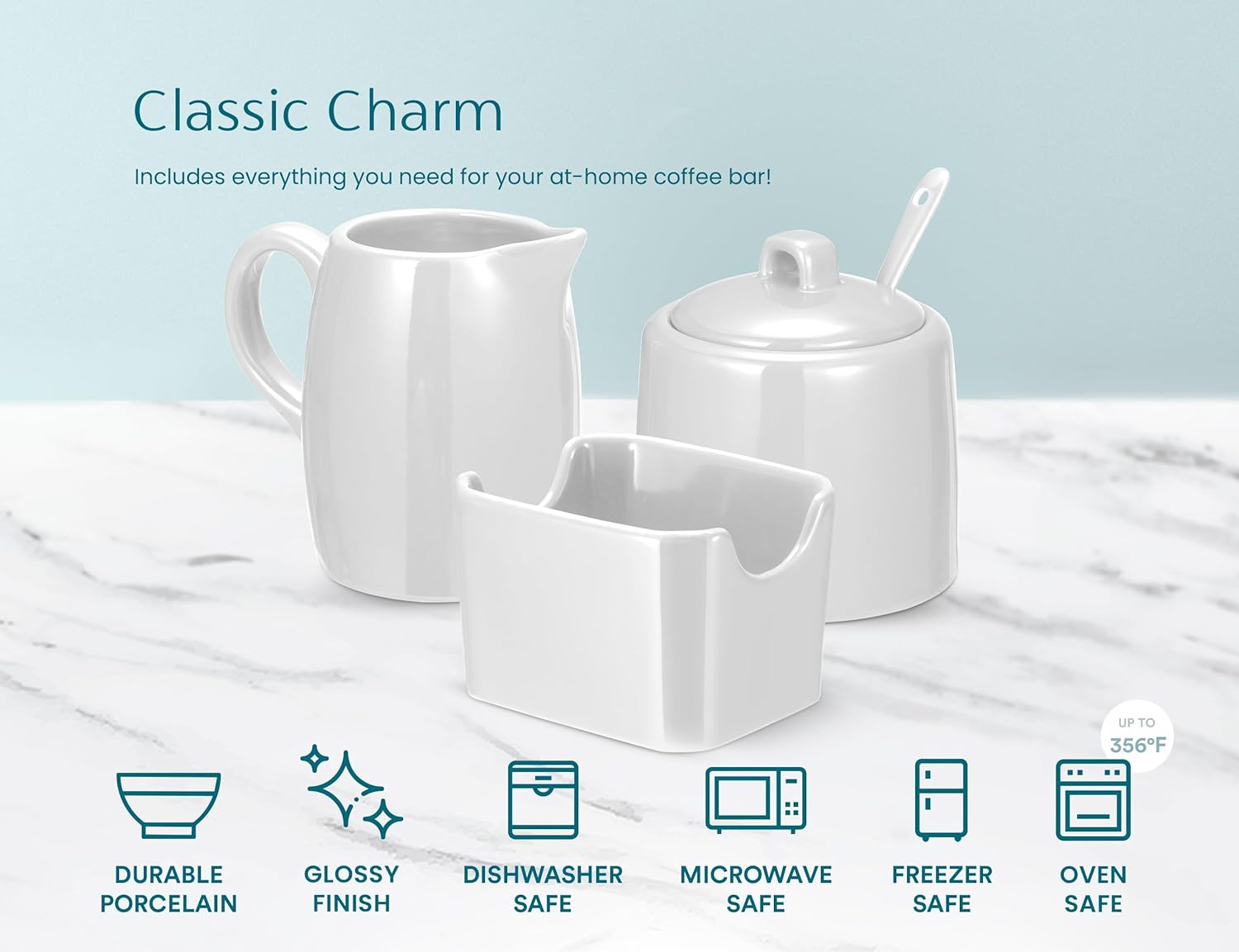KooK Sugar and Creamer Set, 3 Piece, Pitcher, Sugar Bowl with Lid and Spoon, Sweetener Holder (White)