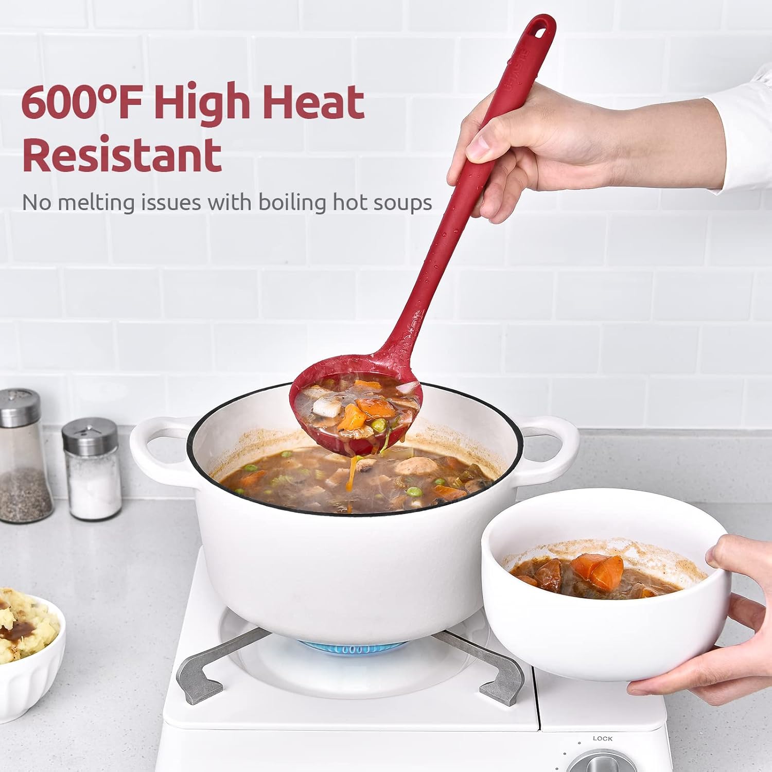 13 inch Silicone Soup Ladle: U-Taste 600ºF Heat Resistant 4 oz Large Non-stick Seamless Rubber Kitchen Deep Serving Spoon with Non Slip Solid Long Handle for Cooking Sauce/Stews/Gravies/Chili (Red)