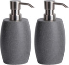 Sandstone Textured Resin Soap Dispenser with Metallic Pump and Waterproof Bottle Labels for Bathroom Kitchen Dish Hand Wash Shower Lotion Shampoo, 12 Oz, 2 Sets Gray