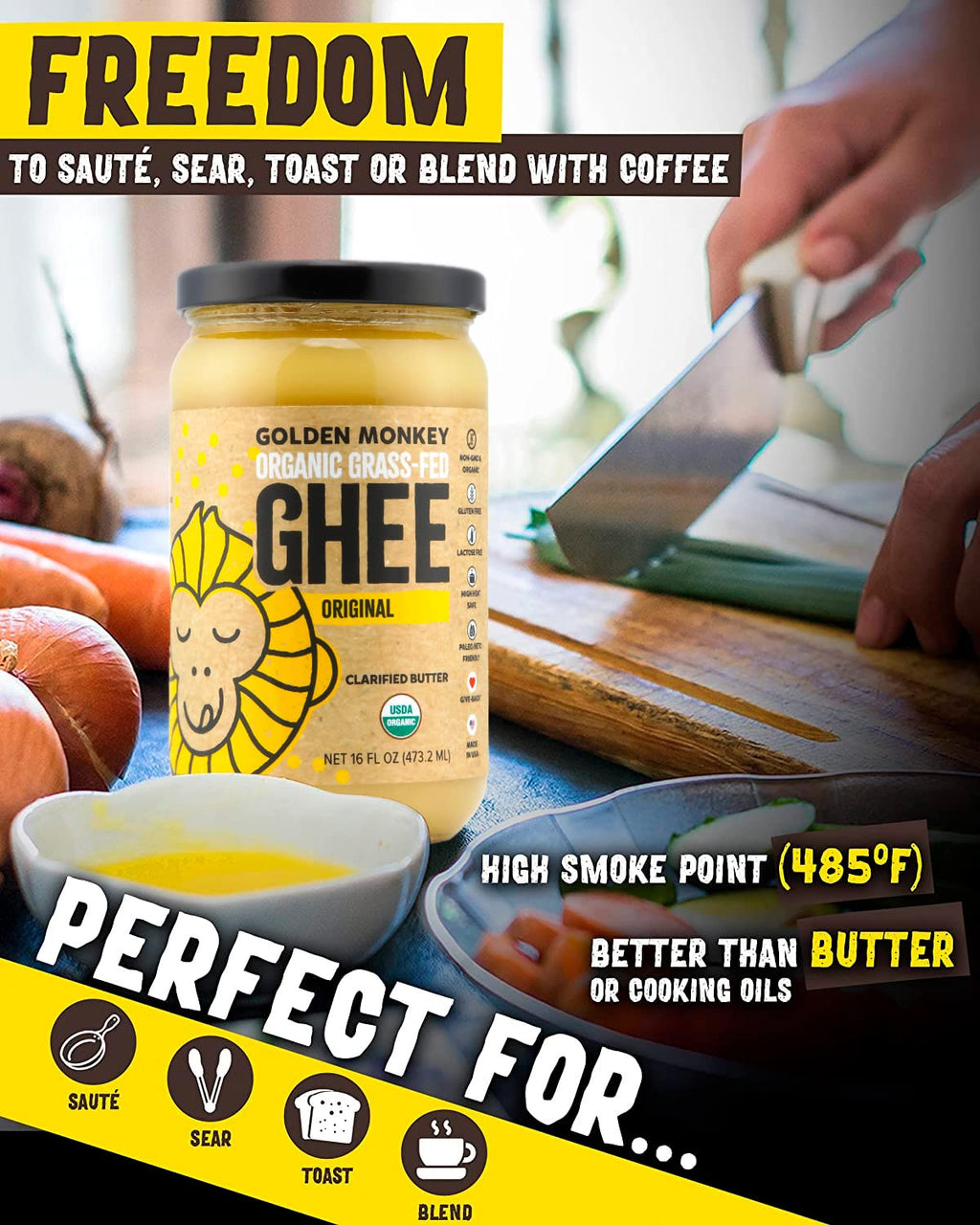 GOLDEN MONKEY Organic Ghee Butter – Grass Fed Clarified Butter for Cooking, Baking, Keto & Gut Health – Ghee Butter Organic Grass Fed from Small Farms – Smooth Spread with High Smoke Point (16oz)