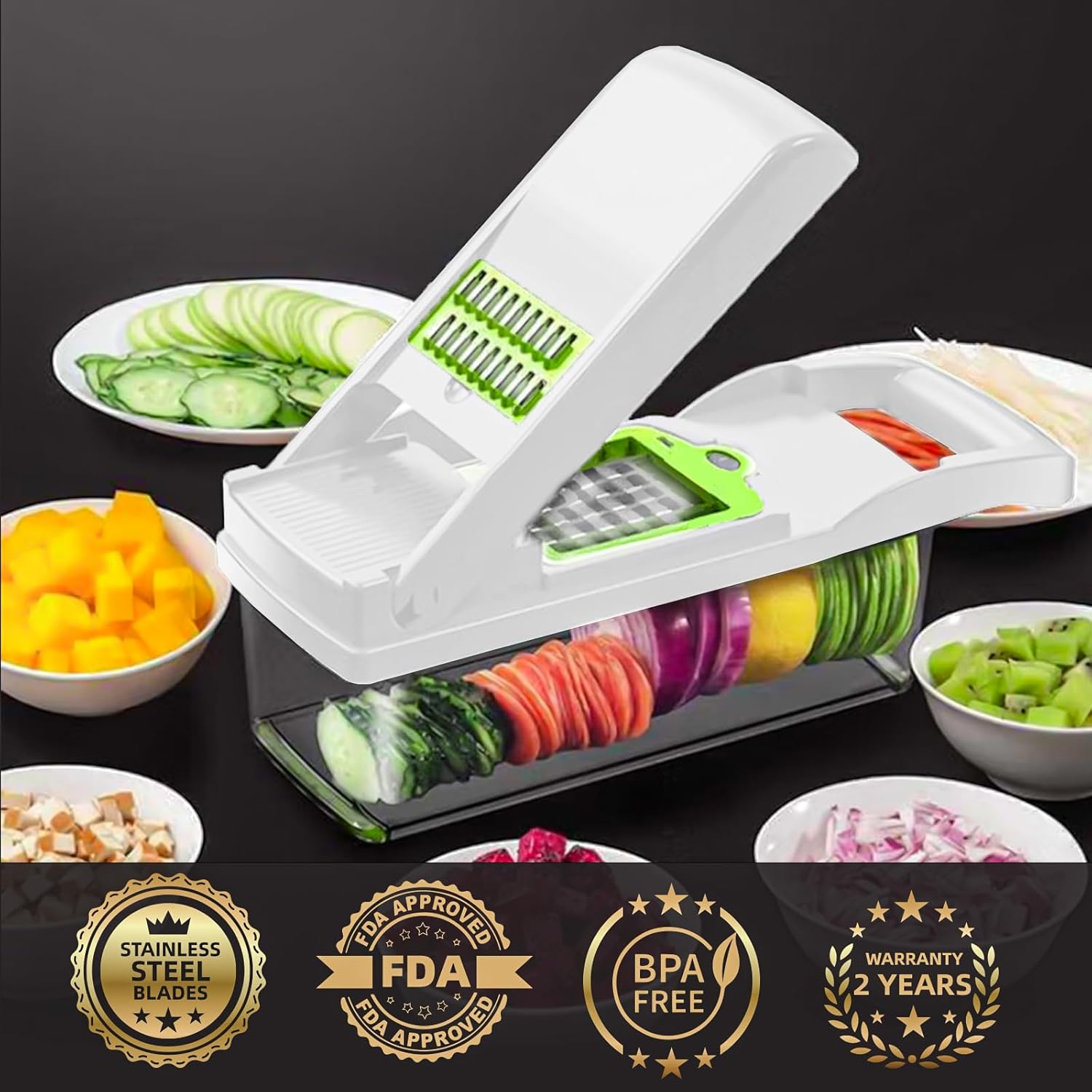 Vegetable Chopper Cutter Slicer Multifunctional 14-in-1 Food Veggie Salad Onion Chopper Cutter Dicer with Container, 8 Interchangable Blades, Hand Protector, Drain Strainer, Peeler, Brush
