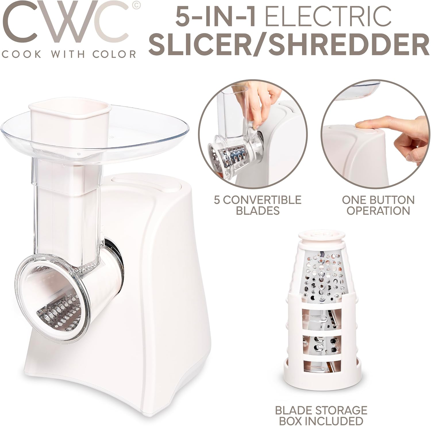 COOK WITH COLOR 5-in-1 Electric Slicer, 150W Food Prep Machine – Cheese Shredder, Fine & Coarse Graters, Potato Grater, Vegetable Slicer, Fruit, Salad Shooter, Compact Design for Bowl Prep, Cream