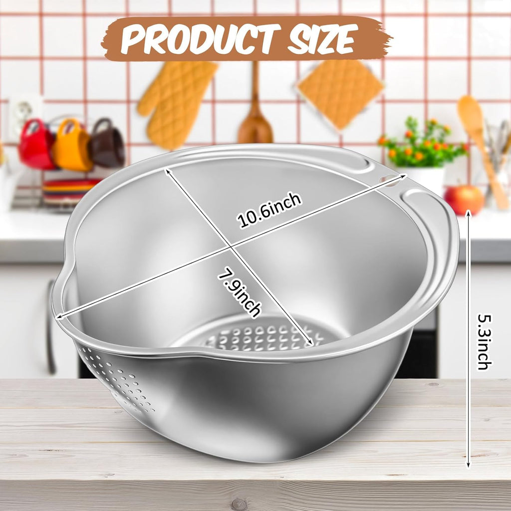 2 Pcs Rice Washer Strainer Bowl 4-in-1 Washing Bowl for Quinoa, Stainless Steel Rinser with Side Drainers Small Colander for Cleaning Fruits, Vegetables, and Beans - Versatile Kitchen Tool