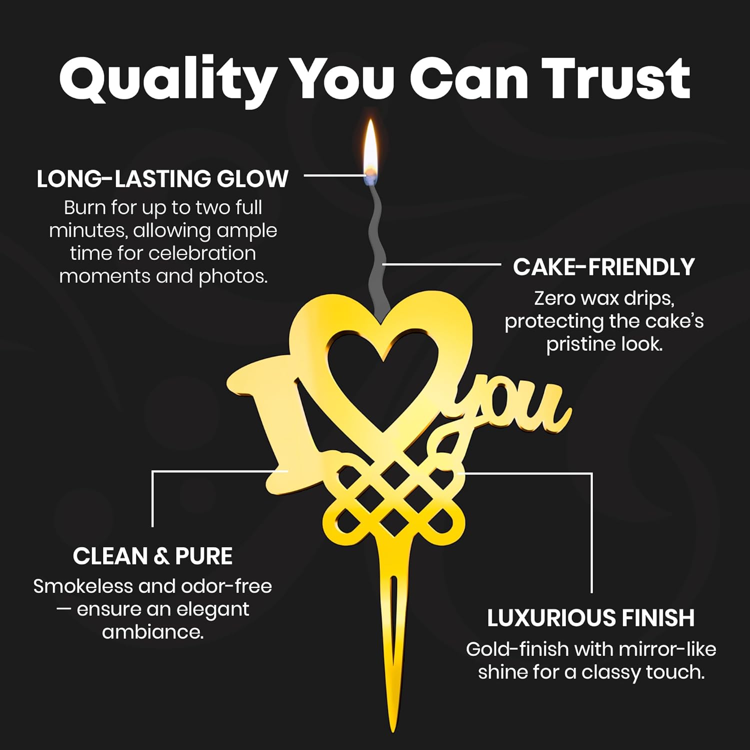 I Love You Reusable Gold Romantic Cake Candle - Luxury Cake Topper Candle for Birthdays, Weddings & Anniversaries - Reusable Food Safe Acrylic, Shiny Mirror Finish - Happy Birthday Cake Topper Decor