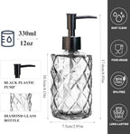 12Oz Small Glass Soap Dispenser with Black Plastic Pump, Clear Refillable Kitchen Countertop Liquid Hand Soap Dispensers with Diamond Design, Crystal Bathroom Lotion Bottle for Dispense Dish Soap