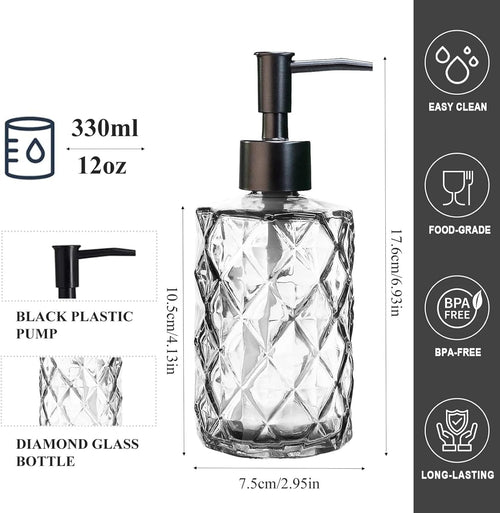 12Oz Small Glass Soap Dispenser with Black Plastic Pump, Clear Refillable Kitchen Countertop Liquid Hand Soap Dispensers with Diamond Design, Crystal Bathroom Lotion Bottle for Dispense Dish Soap