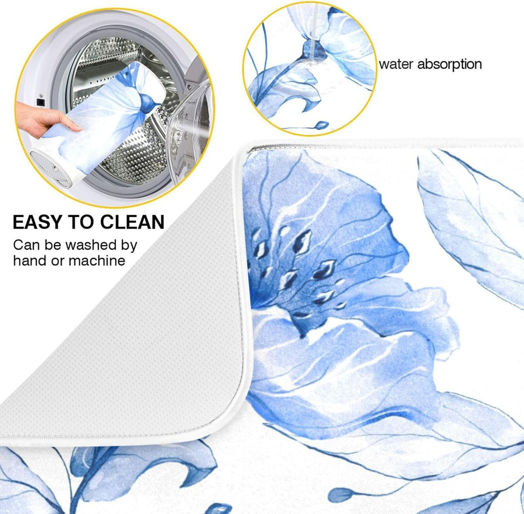 Spring Blue Flowers Leaves Dish Drying Mat for Kitchen Counter Absorbent Microfiber Drying Pad, Medium 16x18 in, Reversible Drainer Mats